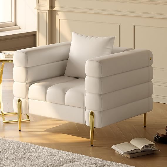 homary Boucle Accent Chair, Mid Century Modern Upholstered Armchair with Gold Legs, Comfy Lounge Chair for Living Room Bedroom Reading Corner Office (Warm White, Boucle)