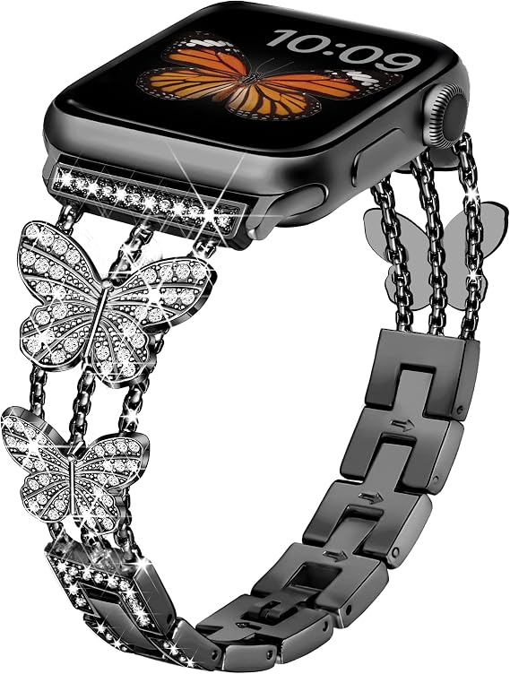 Compatible with Dressy Designer Bling Apple Watch Bands for Women Men 40mm 41mm 38mm, Glitter Butterfly iWatch Bands for Apple Watch Ultra 2 1 SE Series 9 8 7 6 5 4 3 2 1 Bracelet Band(Black)