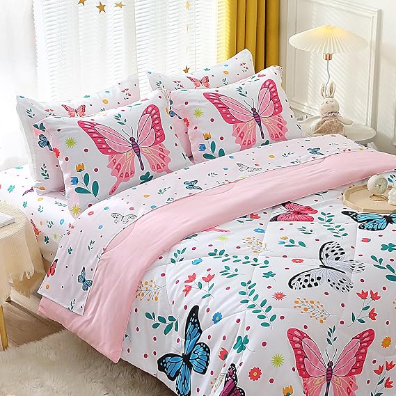 Girls Butterfly Comforter Set Full Size 7 Piece Bed in A Bag Colorful Flowers Leaves Bedding Set for Kids Teens Super Soft All Season
