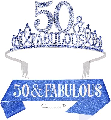 Royal Blue 50th Birthday Decoraions for Women, 50th Birthday Sash and Crown Happy 50 and Fabulous Tiara and Sash Set Party Decorations