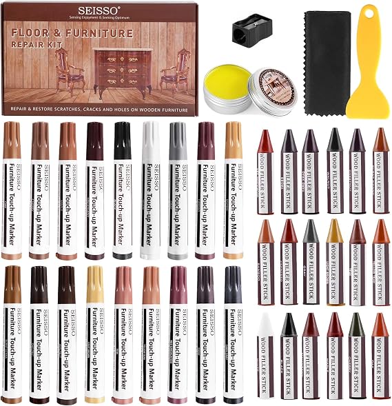 SEISSO Wood Repair Kit, Wood Touch Up Markers and Crayons with Polish Wax