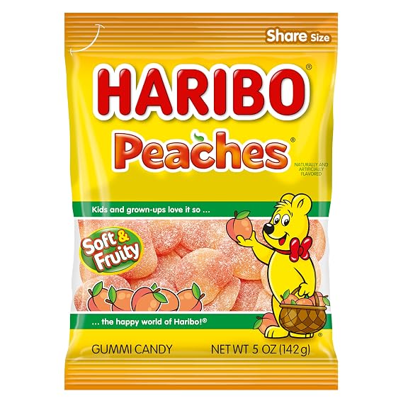 HARIBO Peaches Sugar Coated Gummy Candy, 5 oz. Bag | Soft, chewy peach gummies with juicy peach flavor and a sweet sugar coating. Fruity gummy candy for sharing.