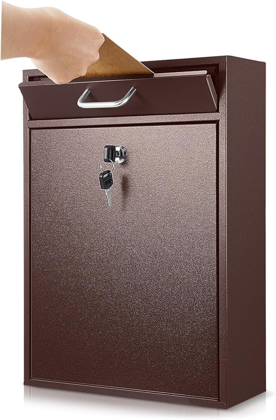Yaocom Locking Mailbox with Key for Outdoor 16.2 x 11.2 x 4.7 Inches Large Wall Mount Mail Box with Lock Security Mail Drop Metal Collection Boxes Hanging Secure Postbox(Brown)