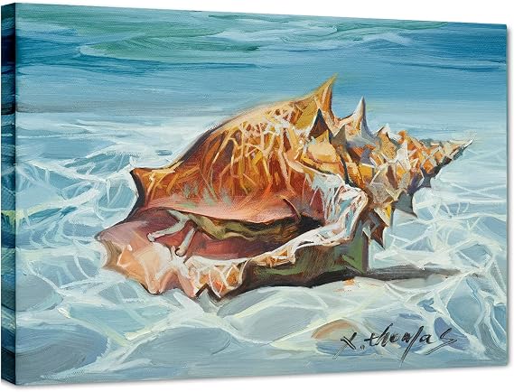 JZLDZS Seashell Canvas Wall Art, Light-Blue, 12x16 Inch Framed