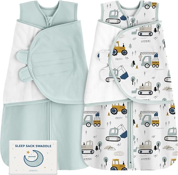 Unnivoll Newborn Sleep Sack Swaddle 100% Cotton Baby Swaddle 0-3 Months, 3-Way Adjustable Wearable Blanket, TOG 0.5, 2 Pack for Baby Boy Girl White Green Excavator