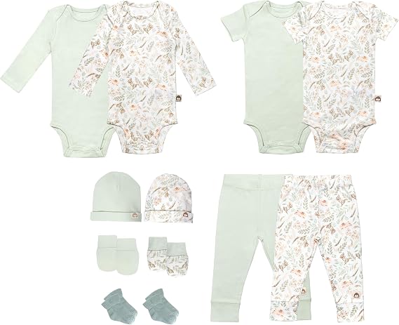 100% Cotton Baby Sets for 0-3 Months - 12 Pcs Neutral Layette Set, 2 Long Sleeve, Short Sleeve Onesies, Hats, Mittens, Socks & Pants, Baby Gift Set - Designed in France, Green + Woodland Collection
