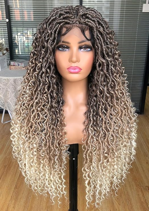 Goddess Faux Locs Wigs for Black Women 30inch Full Lace Goddess Bohemia Locs Braided Wigs with Baby Hair Hippie Locs Twist Synthetic Goddess Wig with Curly Ends(4-27-613)