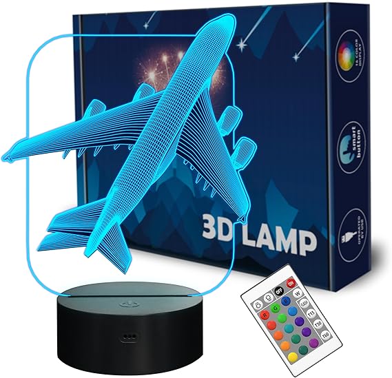 Aircraft Airplane 3D Night Light Kids Bedside Lamp 16 Colors Changing with Remote Control Xmas Halloween Birthday Gift for Child Baby Boy Girl
