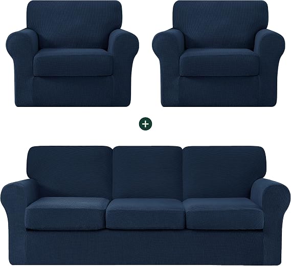 CHUN YI Two Armchair Sofa Slipcovers Bundles Large Couch Cover with Separate Backrests and Cushions, Checks Spandex Jacquard Fabric(Dark Blue)