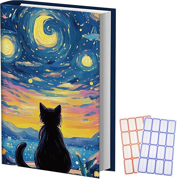 Anseal 1 Pack Starry Night Black Cat Stretchable Book Sleeve Cover for Hardcovers Textbooks up to 9 x 12, Washable Reusable Book Protector with 2 Labels
