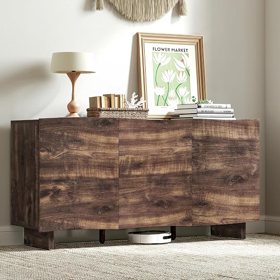 ANJ 55" Sideboard Buffet Cabinet with Storage,Modern Wave Credenza Accent Cabinet Console Side Board with Adjustable Shelves for Kitchen Living Room Entryway