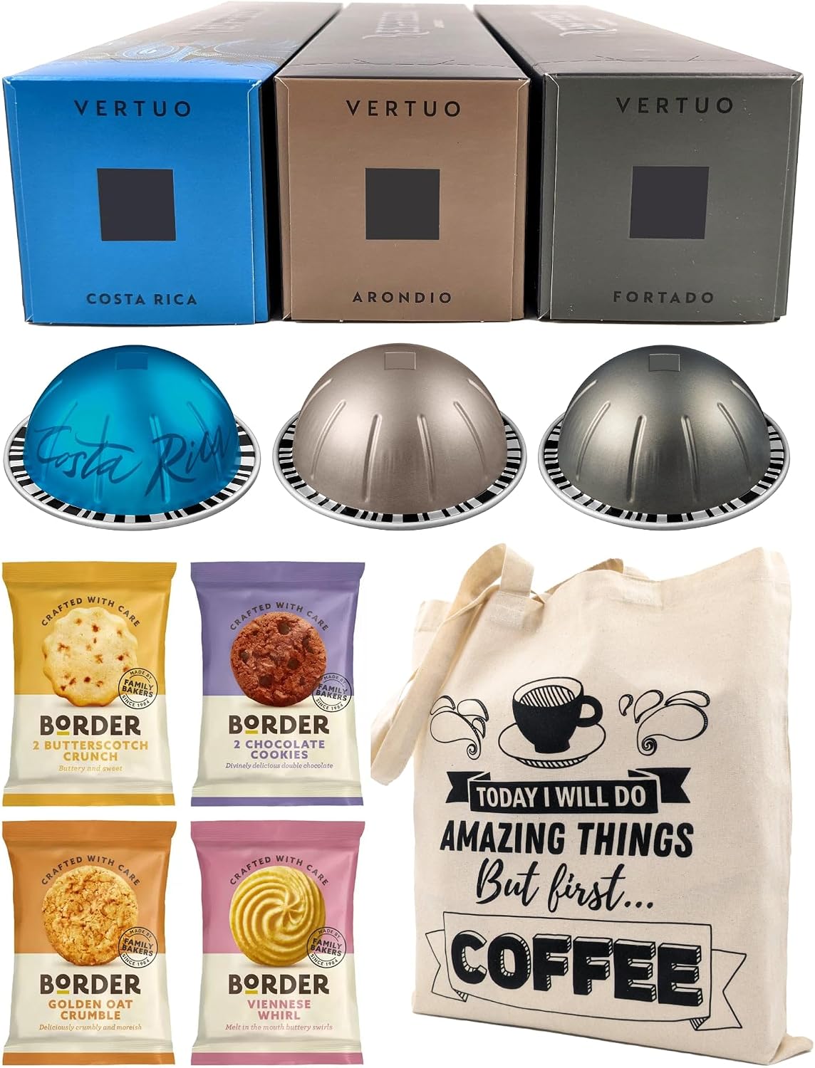 Coffee Pod Variety Pack for Nespresso Vertuo Machine - Fortado, Costa Rica, Arondio - 3 Boxes 30 Pods Bundled with Border Biscuits and Reusable Tote Bag