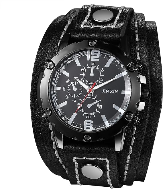 Herrenuhren Leder Steampunk Armbanduhren: Punk DREI Augen dekoratives Analoge Quarz Uhren Herren Breit Mehrschichtig Echt Lederarmband Uhren Männer