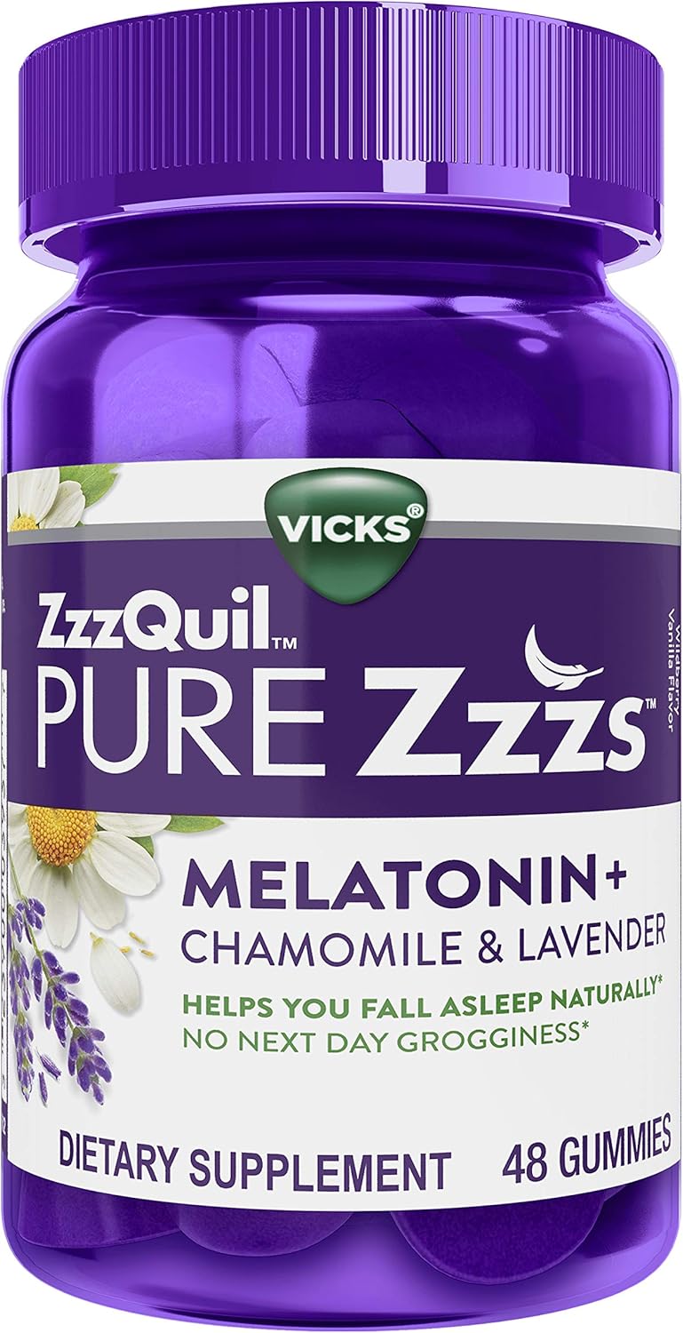 ZzzQuil PURE Zzzs, Melatonin Sleep Aid Gummies with Lavender, Valerian Root and Chamomile, Natural Wildberry Vanilla Flavor, Non-Habit Forming, Drug-Free, 48 Count