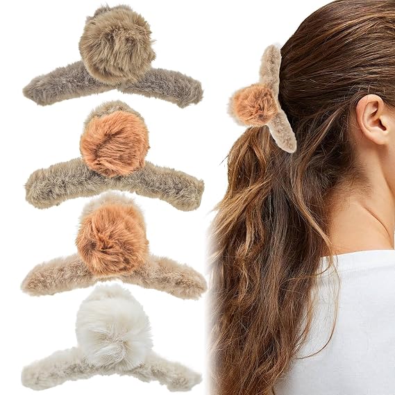 Arvintas 4 PACK Pom Pom Faux Fur Hair Clip, Fur Claw Clips for Women, Aesthetic Claw Clips For Thick Hair Clips Kawaii Hair Clips, Strong Hold Non-Slip Hair Clamp