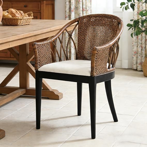 DUHOME Wood Rattan Arm Accent Chair Natural Wash/White Cushion
