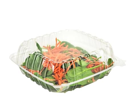 8x8x3 Clear Hinged Lid Plastic Container, (CASE of 100), OPS (Oriented Polystyrene) Square Cold Clamshell Container + Skewers
