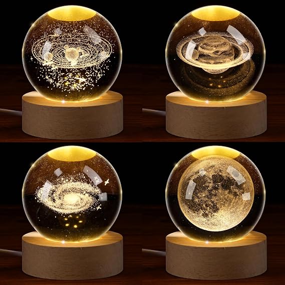 Yalikop 4 Pcs 3D Solar System Crystal Ball 2.4 Inch Universe Gifts Saturn Galaxy Moon Decorative Ball with LED Wooden Base Space Laser Engraved Model Astronomy Decor for Birthday Physics Enthusiasts