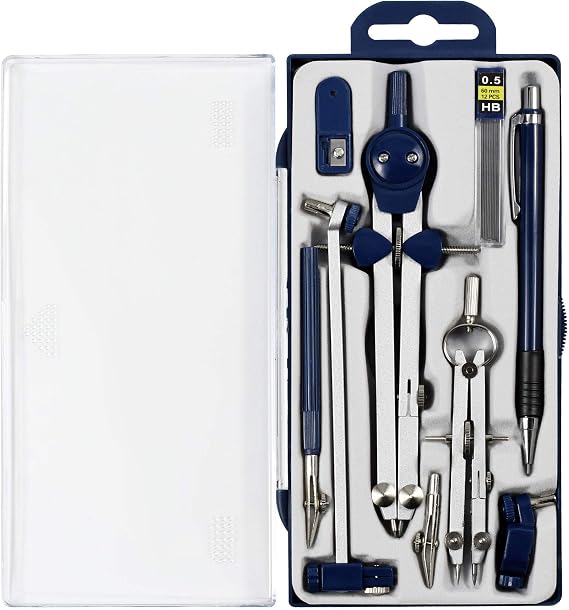 UNJOO 9Pc Geometry Set Metal Compass, Geometry Precision Tool (Blue) | Circle Drawing Tool and Architecture, Drafting Kits for Engineer with Shatterproof Storage Box