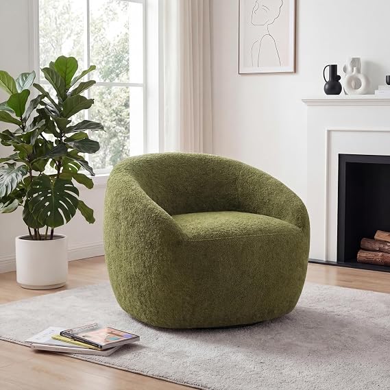 SUNBURY Swivel Accent Chair, 360-Degree Barrel Chair, Modern Sherpa Armchair for Living Room, Cozy Boucle Comfy Chair for Bedroom & Nursery, Reading & Relaxing Sofa Chair, Green