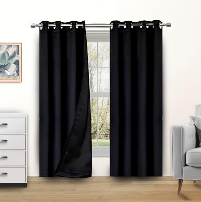 Blackout Curtains for Bedroom and Living Room, Bedroom Decor, Black Liner for 100% Blackout, Thermal Insulated, Built with Stainless Steel Grommet, Easy Installation, Black, 42x63
