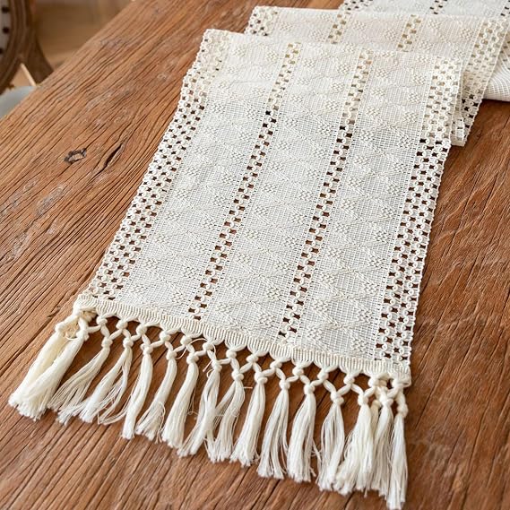 Boho Table Runner 90 inches Long-Beige Macrame Woven Farmhouse Table Runners with Tassels Made of Cotton and Linen for Home Weddings Holiday Parties and Dining Decor (12*90 inch)