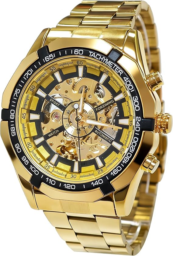 Gute Mens Watches, Mechanical Skeleton Stainless Steel Waterproof Automatic Self-Winding Watch for Men, Luxury X Dial Steampunk Wrist Watch