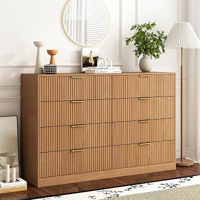 8 Drawer Dresser for Bedroom, Modern Fluted Double Dresser, 55 Wide Chest of Dressers, Mid Century Wooden Beside Table for Closet, Living Room and Entryway, Natural