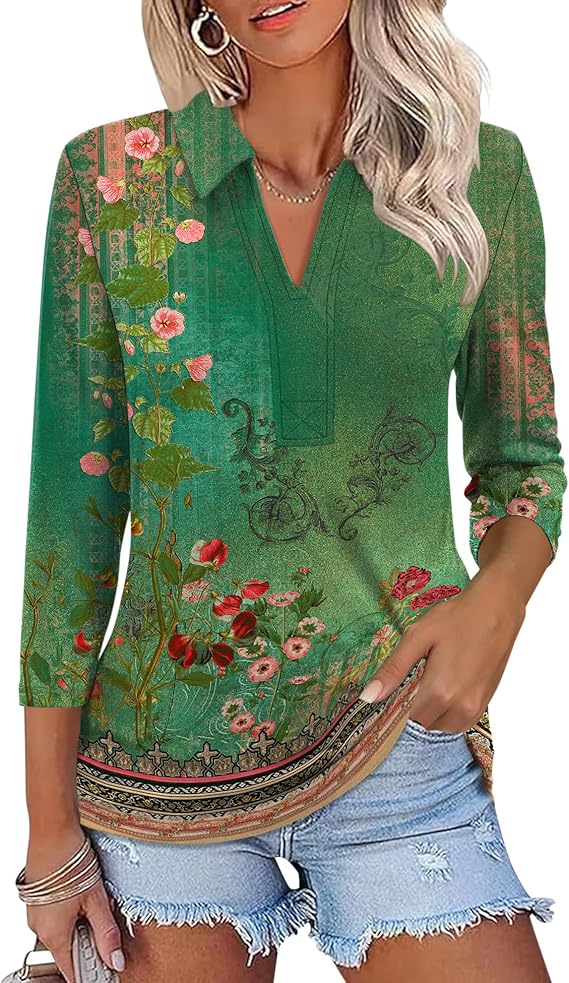 ZHENWEI Women's 3/4 Length Sleeve V-Neck Collared Tops Summer Business Casual Work Polo Shirts 2025