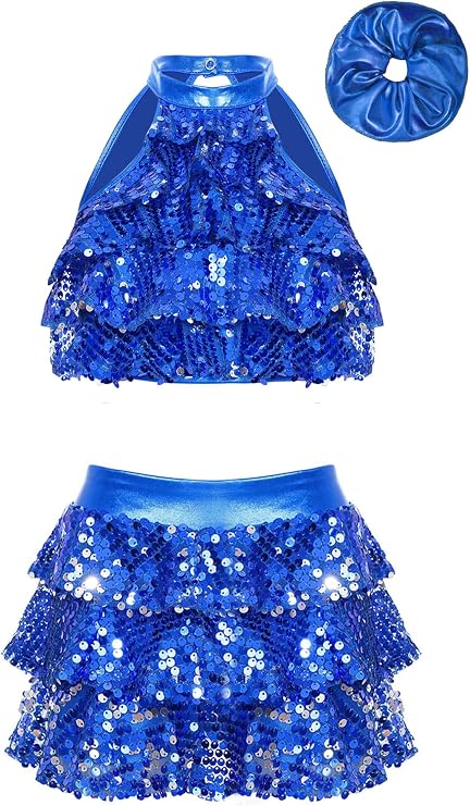 ranrann Kids Girls Sequins Backless Mock Neck Crop Top with Skirted Shorts Hair Band Set Jazz Latin Dance Outfits