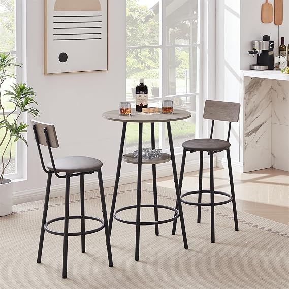 Round Bar Table Set with Shelves, Industrial Pub Coffee Table with 2 High Back Stools for Kitchen Breakfast Table, Living Room, Party Room, 23.6'' Dia x 35.4'' H (Grey)