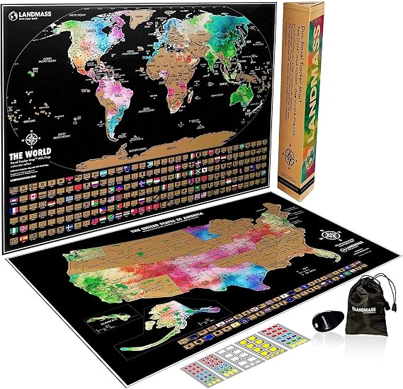 Landmass Scratch Off World Map Poster with Bonus USA Map, 24x17 Inches