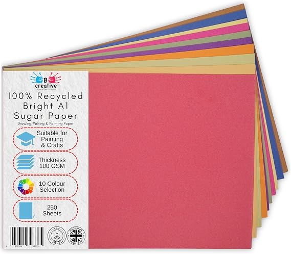 Be Creative A1 Recycled Sugar Paper 84.1 x 59.4 cm 100gsm – 250 Sheets in 10 Assorted Bright Colours for Arts, Crafts, Drawing & Scrapbooking