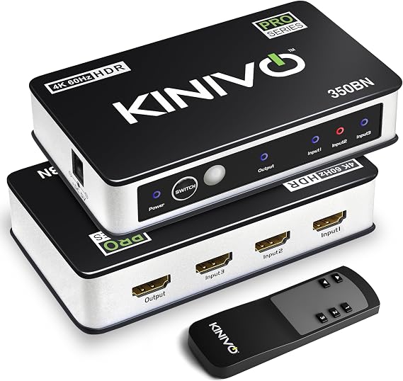 Kinivo HDMI Switch 3 in 1 Out 4K 60Hz (HDR 10, High Speed 18Gbps, IR Remote, HDCP2.2, Dolby Vision, VRR) - 350BN Switcher Compatible with Roku, PS5, Xbox, Apple TV, Nintendo Switch 2, Cable Box