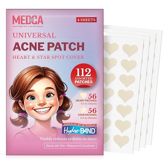 MEDca Acne Patches for Face - Hydrocolloid Bandages (112 Count) Pimple Patches for Face in Hearts & Stars, Acne Spot Treatment Care for Face & Skin Spot Patch Conceals Zits, Acne and Blackheads