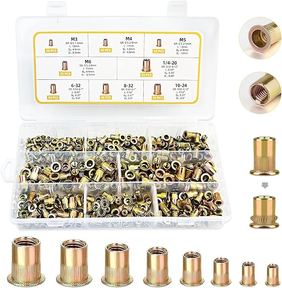Rivet Nut Tool Kit, 320pcs SAE & Metric Rivet Nut Assortment Kit (M3-M6, #6-32, #8-32, #10-24 and 1/4-20), Carbon Steel Flat Head Threaded Insert for Automotive, Mechanical & Equipment Repairs