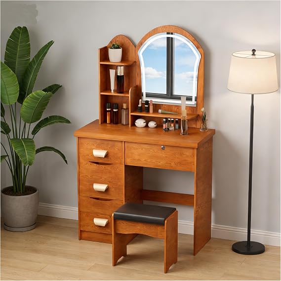 Makeup Vanity with Dimmable 3 Color Led Lighted Mirror, Vanity Desk with 4 Drawers and Open Shelves, Bedroom Makeup Desk with Stool Suitable for Small Homes Wooden Color