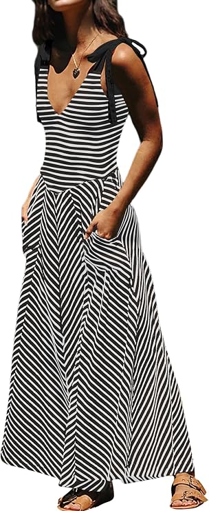 Women Casual Summer Striped Dresses Smocked V Neck Bow Beach Dress Sleeveless Sundress Beach Long Flowy Dress
