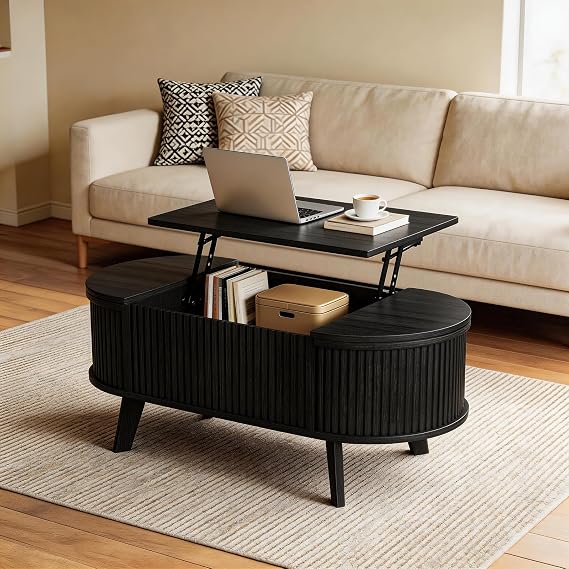 39.4" Oval Fluted Coffee Table with Lift Top, Hidden Storage, Black