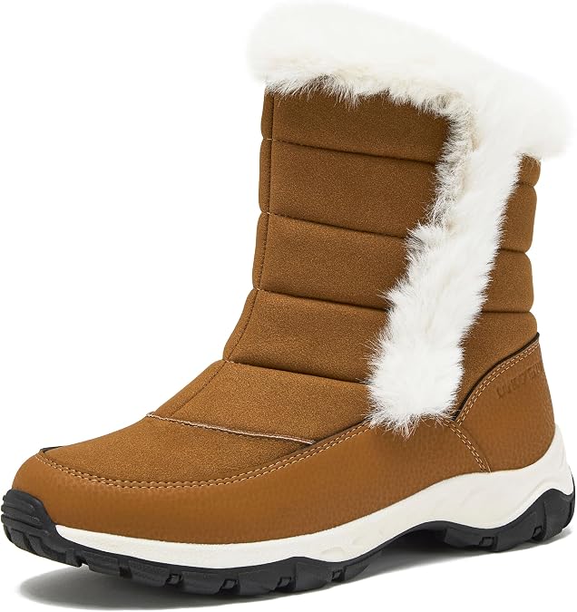 Lands' End Expedition Slip On Insulated Waterproof Winter Boots for Women, Puffer Fur Trimmed Hook & Loop Womens Boots, Medium or Wide Width Sizes 6 to 11, Black, Brown or White