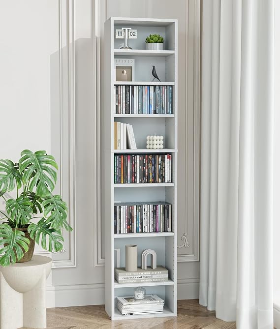 DVD Tower Storage Rack, 8-Tier CD Cabinet with Adjustable Shelves Slim DVD Stand Tower for CD Holder, Books, Games, White