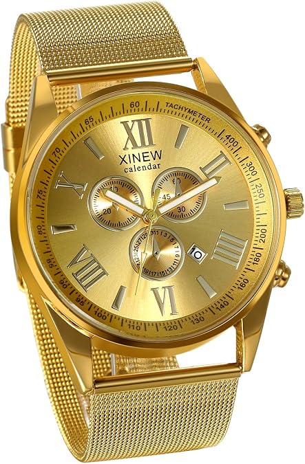 JewelryWe Luxury Men's 3 Eyes Calendar Watch Stainless Steel Mesh Band Quartz Wrist Watches for Xmas Christmas Gold Black Silver for Christmas