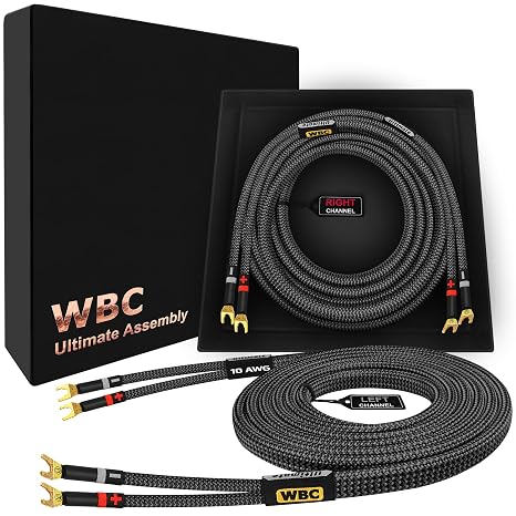 WORLDS BEST CABLES 15 Foot Ultimate - 10 AWG - Ultra-Pure OFC - Premium Audiophile HiFi Speaker Cable Pair with Eminence Spade Plugs & Carbon Tweed Jacket