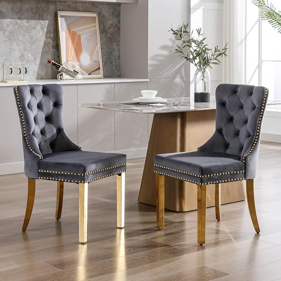 KCC Velvet Dining Chairs Set of 2,Upholstered Dining Room Chair,Dark Gray