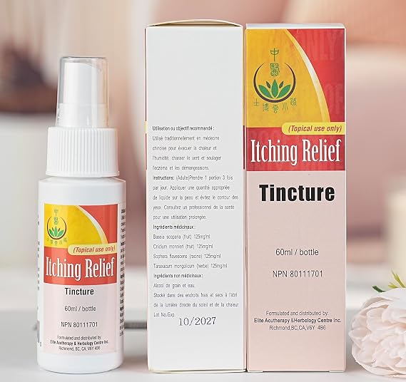 Itching Relief Tincture - Natural Herbal Formula, Made in Canada, Steroid-Free & Antibiotic-Free, Effective for Eczema and Urticaria, Skin Itch, and Bug Bites, Safe & Gentle, 60ml.