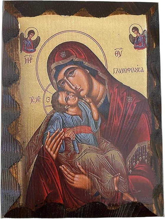 Handmade Greek Christian Orthodox Wood icon of Virgin Mary Glykofilousa (16 X 12cm or 6.3 X 4.7 In) Solid Wood