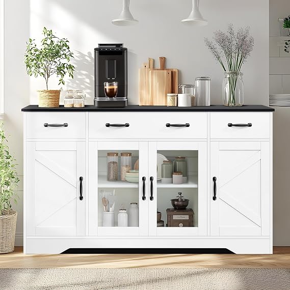 Sideboard Buffet Cabinet with Storage, 55" Large Kitchen Buffet Table with Glass Doors and Shelves, Modern Farmhouse Coffee Bar Cabinet for Kitchen Dining Living Room