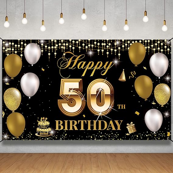 50th Birthday Banner Backdrop, Happy 50th Birthday Decoration Men Women, 50 Year Old Birthday Party Yard Sign Photo Booth Props Decor, Black Gold,Fabric, 6.1ft x 3.6ft