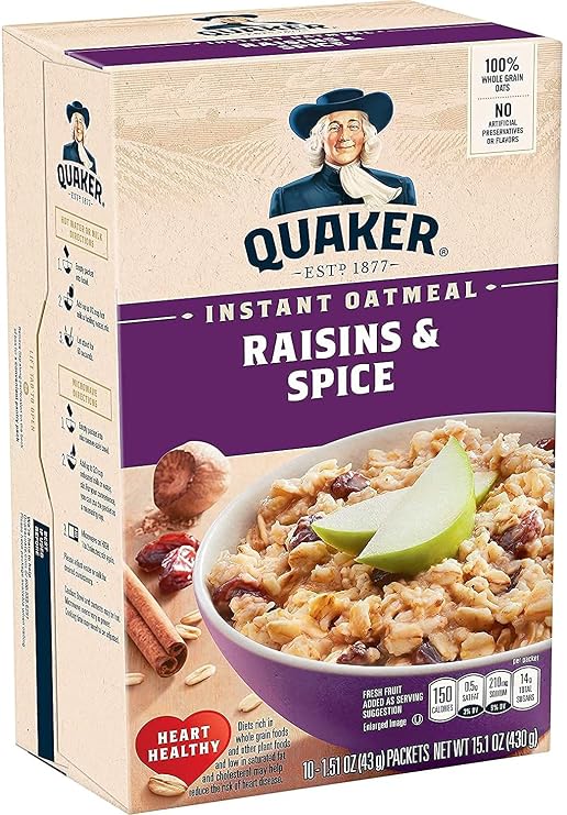 Quaker Instant Oatmeal, Raisin & Spice, Breakfast Cereal, 10 count , 1.51 oz Packets Per Box (Pack of 4)