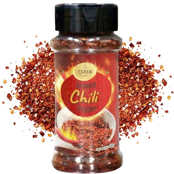 EZ THAI Premium Thai Chili Crushed Flakes Seasoning 1.76 oz - Hand-Roasted Red Pepper Flakes Authentic Ingredient for Pad Thai, Tom Yum Noodle Soup, Boat Noodles, Nam Jim Jaew, BBQ Source, Larb, Pizza, Pasta